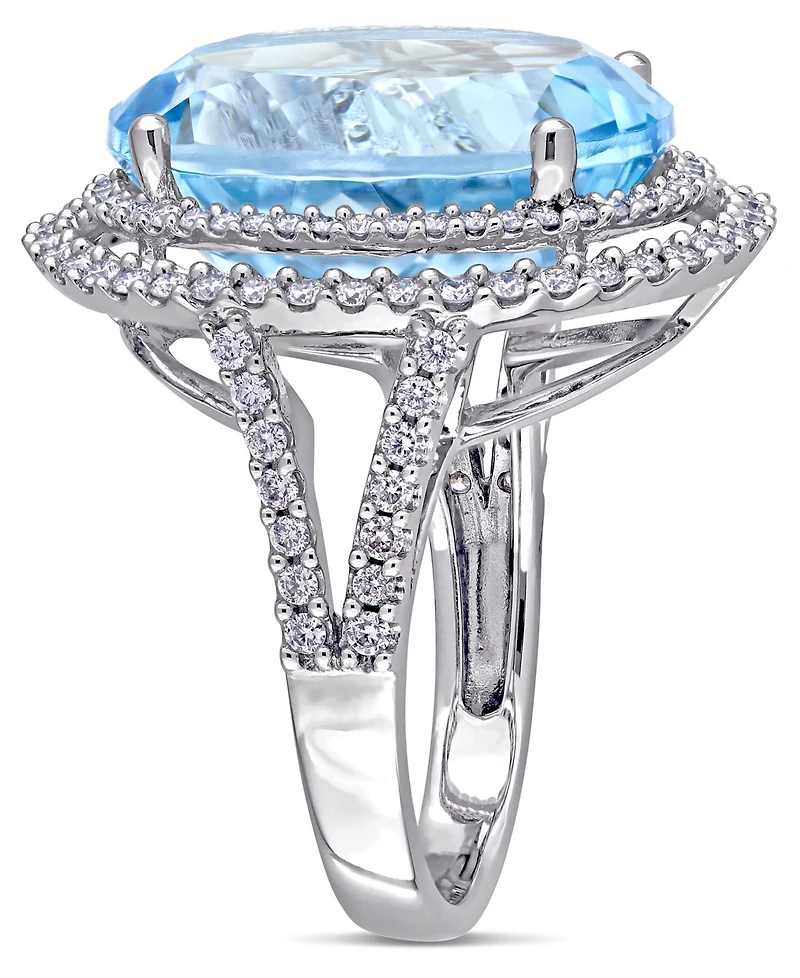 Blue Topaz (22 ct. t.w.) and Diamond (7/8 Double Halo Ring 14k White Gold