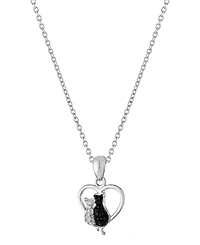 Crystal Two Cat in Heart Pendant 16+2" Extender Chain In Silver Plated