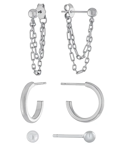 3pc Post Ball, Hoop and Chain Earring Set in Gold or Silver Plated