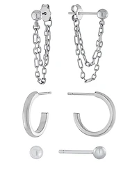 3pc Post Ball, Hoop and Chain Earring Set in Gold or Silver Plated