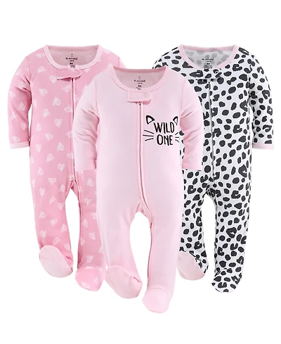 The Peanutshell Baby Girls Sleep n Play Footed Pajamas Sleepwear Set, 6-9 Months, Newborn, 3-Pack