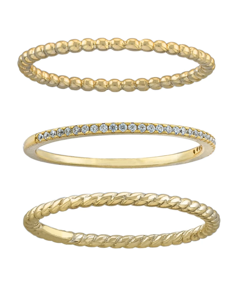 Cubic Zirconia and Twisted Band Beaded Stackable Ring Trios Gold Over Sterling Silver