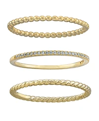 Cubic Zirconia and Twisted Band Beaded Stackable Ring Trios Gold Over Sterling Silver