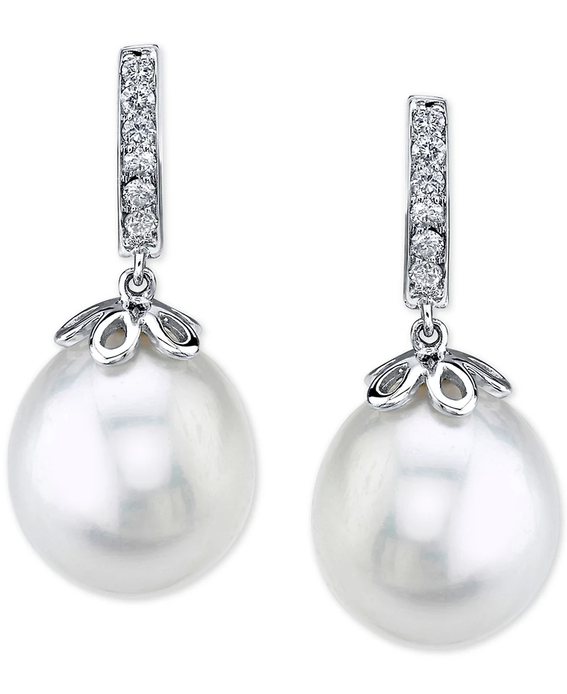Cultured Freshwater Pearl (10mm) & Diamond (1/10 ct. t.w.) Drop Earrings in 14k White Gold