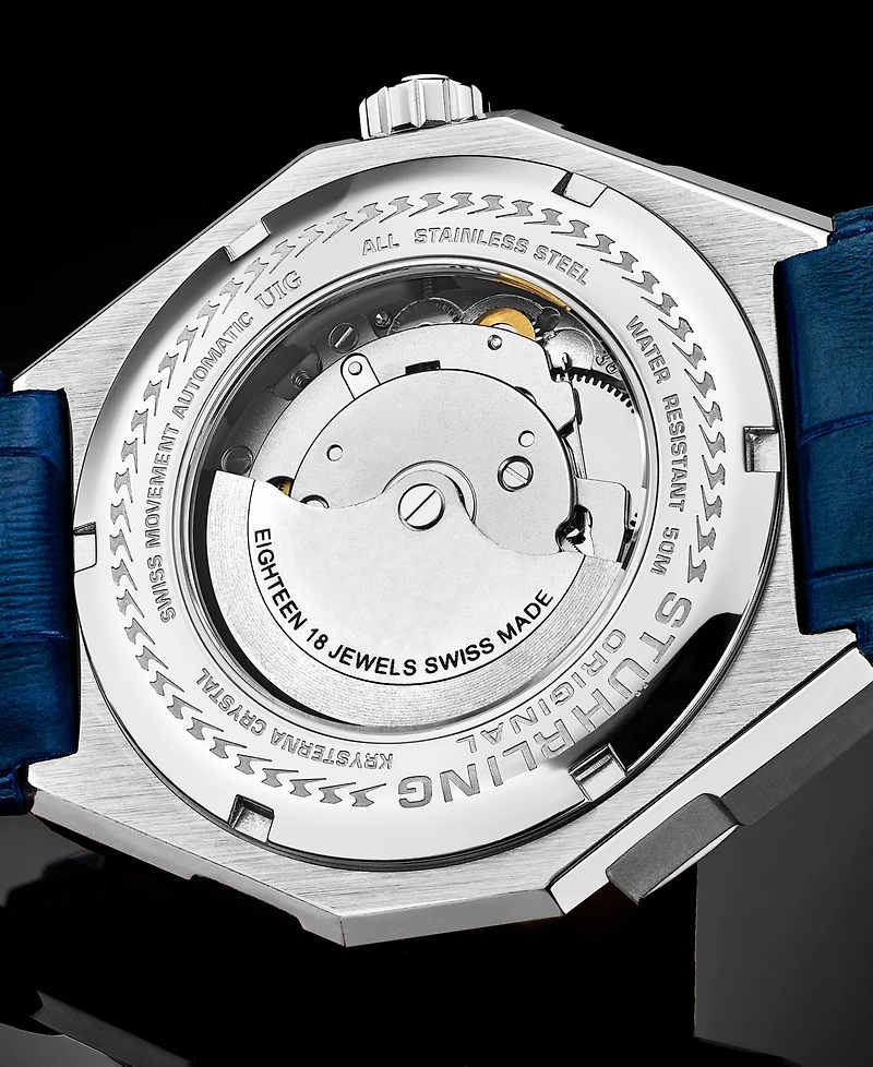 Men's Automatic Blue Alligator Embossed Genuine Leather Strap with White Stitching Watch 44mm