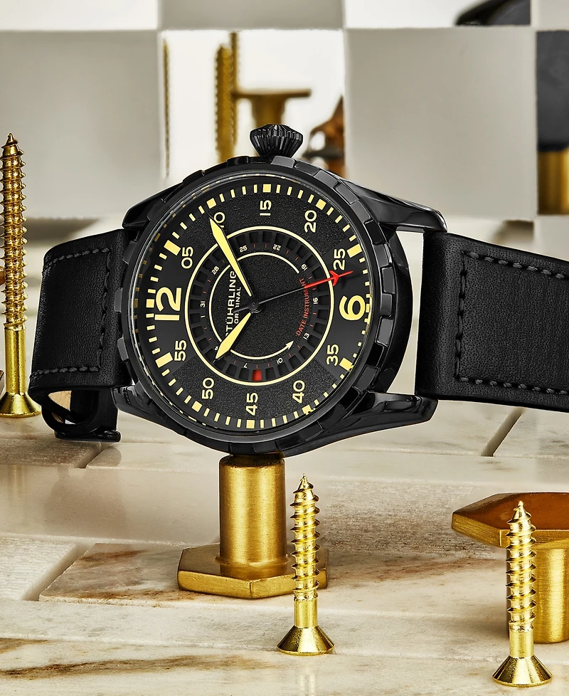 Men's Quartz Black Genuine Leather Strap Watch 44mm