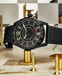 Men's Quartz Black Genuine Leather Strap Watch 44mm