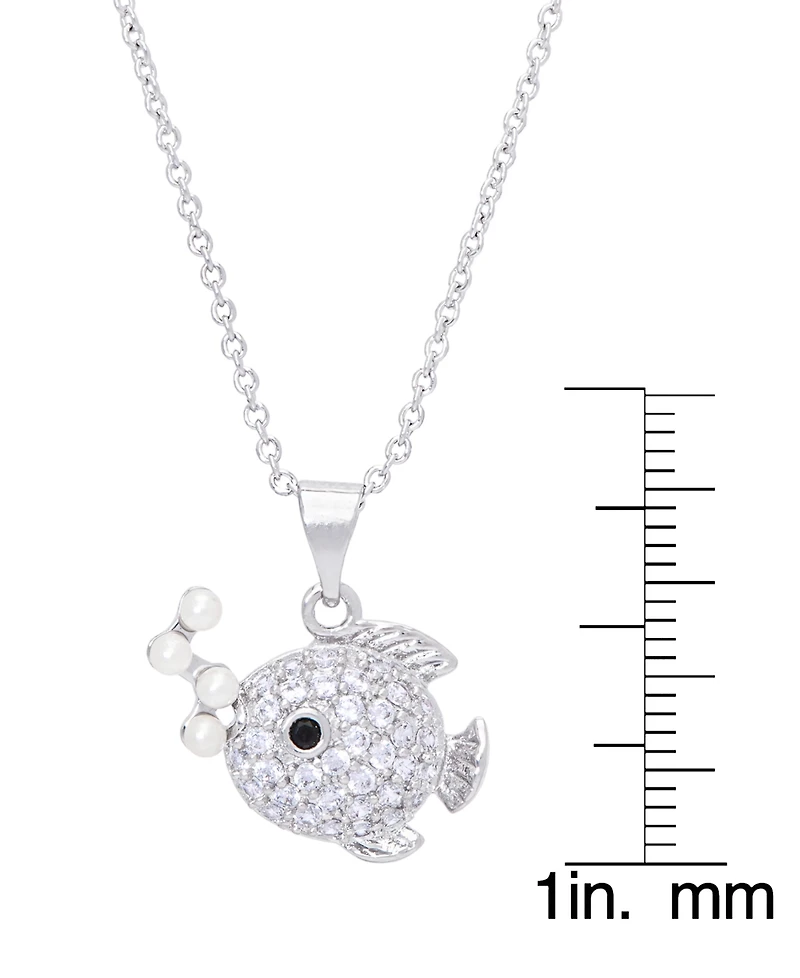 Simulated Pearl Cubic Zirconia Fish Pendant 18" Necklace in Silver Plate