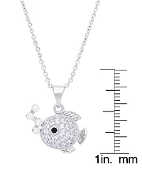 Simulated Pearl Cubic Zirconia Fish Pendant 18" Necklace in Silver Plate