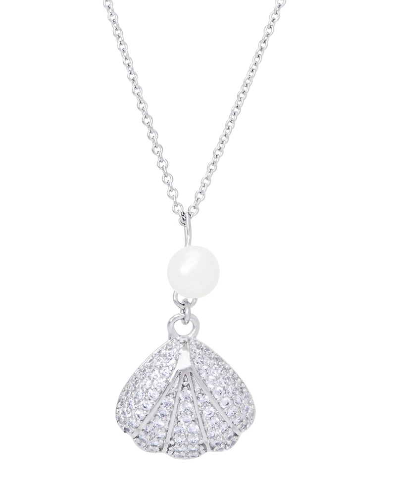 Genuine Freshwater Pearl Cubic Zirconia Seashell Pendant 18" Necklace in Silver Plate
