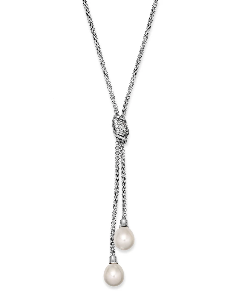 Cultured Freshwater Pearl (7-1/2 mm) and Cubic Zirconia (1/4 ct. tw.) Lariat Necklace in Sterling Silver