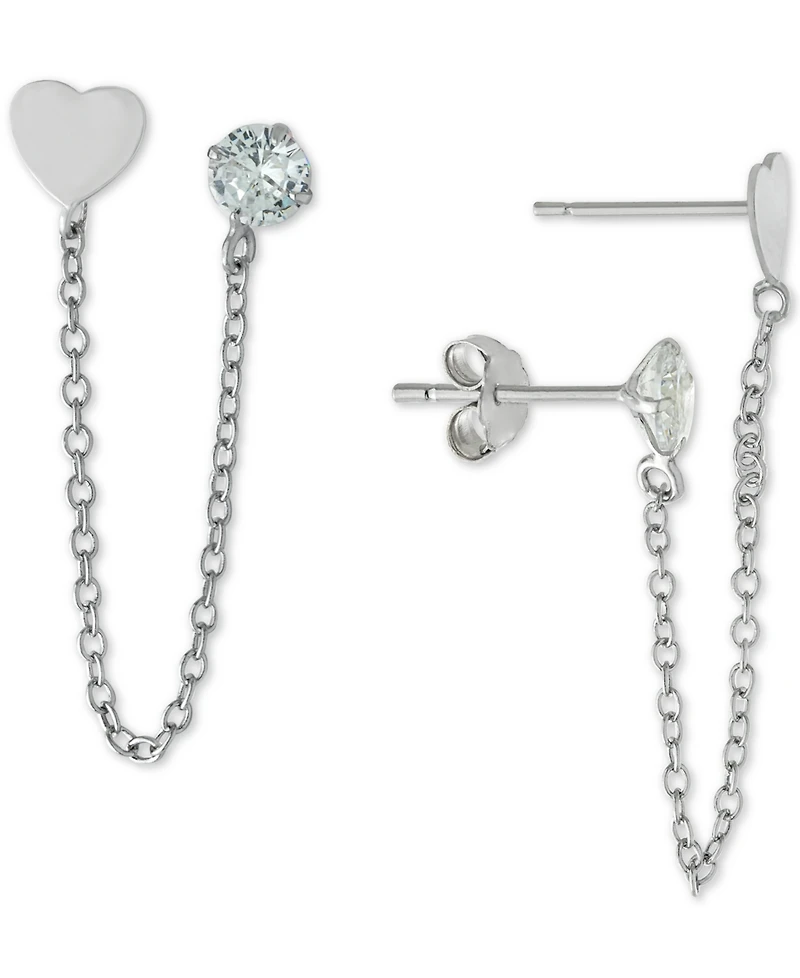 Chain-Connected Heart & Cubic Zirconia Double Stud Earrings in Sterling Silver
