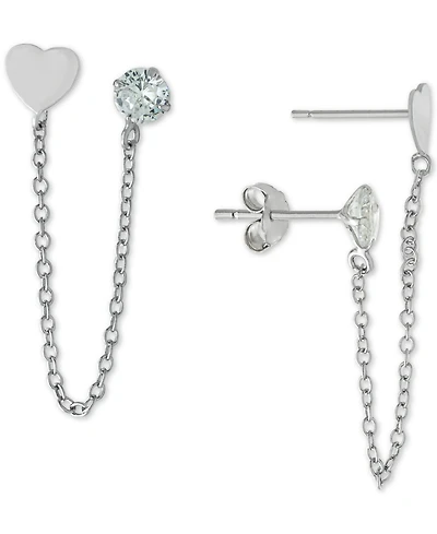 Chain-Connected Heart & Cubic Zirconia Double Stud Earrings in Sterling Silver