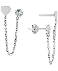 Chain-Connected Heart & Cubic Zirconia Double Stud Earrings in Sterling Silver