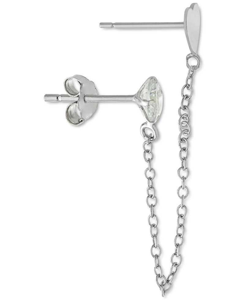Chain-Connected Heart & Cubic Zirconia Double Stud Earrings in Sterling Silver