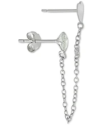Chain-Connected Heart & Cubic Zirconia Double Stud Earrings in Sterling Silver