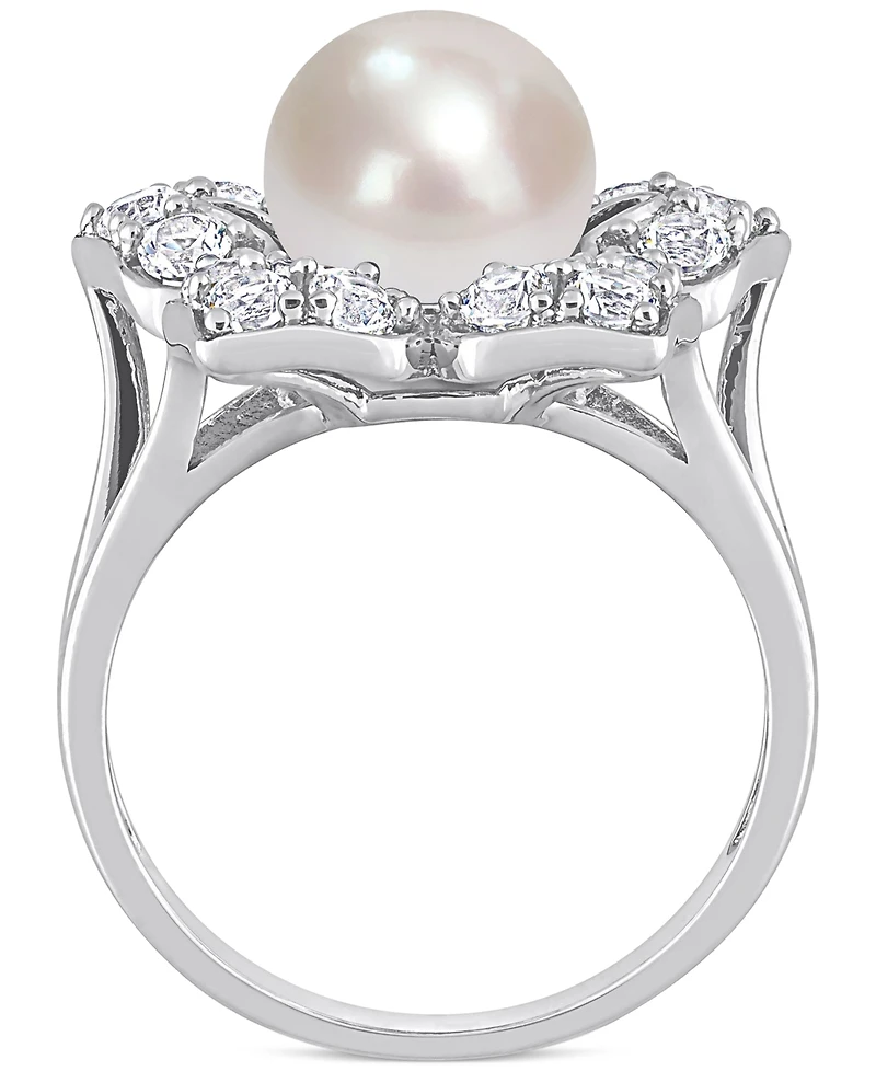 Cultured Freshwater Pearl (8-1/2mm) & Lab-Created White Sapphire (1-1/3 ct. t.w.) Flower Ring Sterling Silver