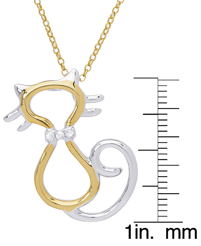 Two Tone Cubic Zirconia Cat Pendant 18" Two Tone Plate Necklace