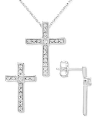2-Pc. Set Diamond Cross Pendant Necklace & Matching Stud Earrings (1/6 ct. t.w.) in Sterling Silver