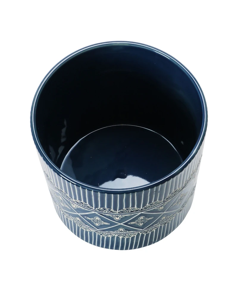 Debossed Stoneware Footed Planter with Pattern, Blue and White