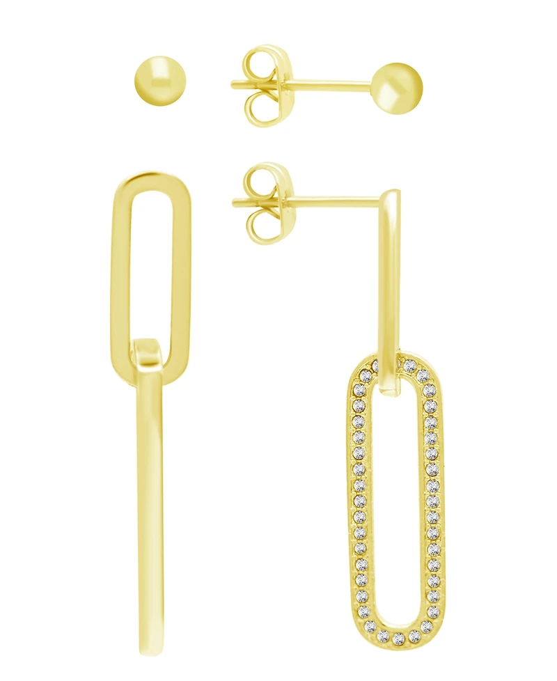 And Now This High Polished Ball Stud and Post Paper Clip Clear Crystal Drop Earring Set, Gold Plate