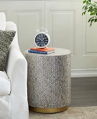Rosemary Lane Mother of Pearl Drum Accent Table with Linear Mosaic Pattern and Gold Base