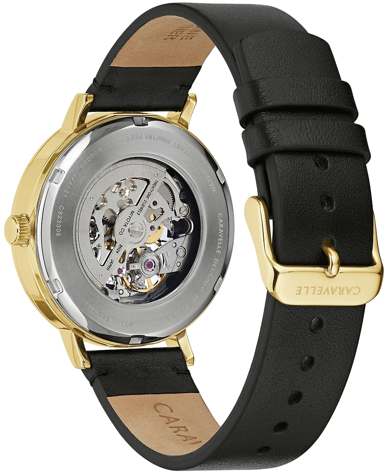 Caravelle Designed by Bulova Men's Automatic Black Leather Strap Watch 39.5mm