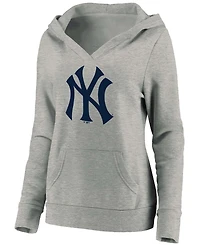 Plus Size Heathered Gray New York Yankees Official Logo Crossover V-Neck Pullover Hoodie