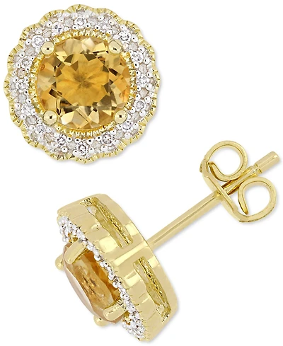 Citrine (1-1/2 ct. t.w.) & Diamond (1/10 ct. t.w.) Halo Stud Earrings in 18k Gold-Plated Sterling Silver
