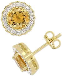 Citrine (1-1/2 ct. t.w.) & Diamond (1/10 ct. t.w.) Halo Stud Earrings in 18k Gold-Plated Sterling Silver