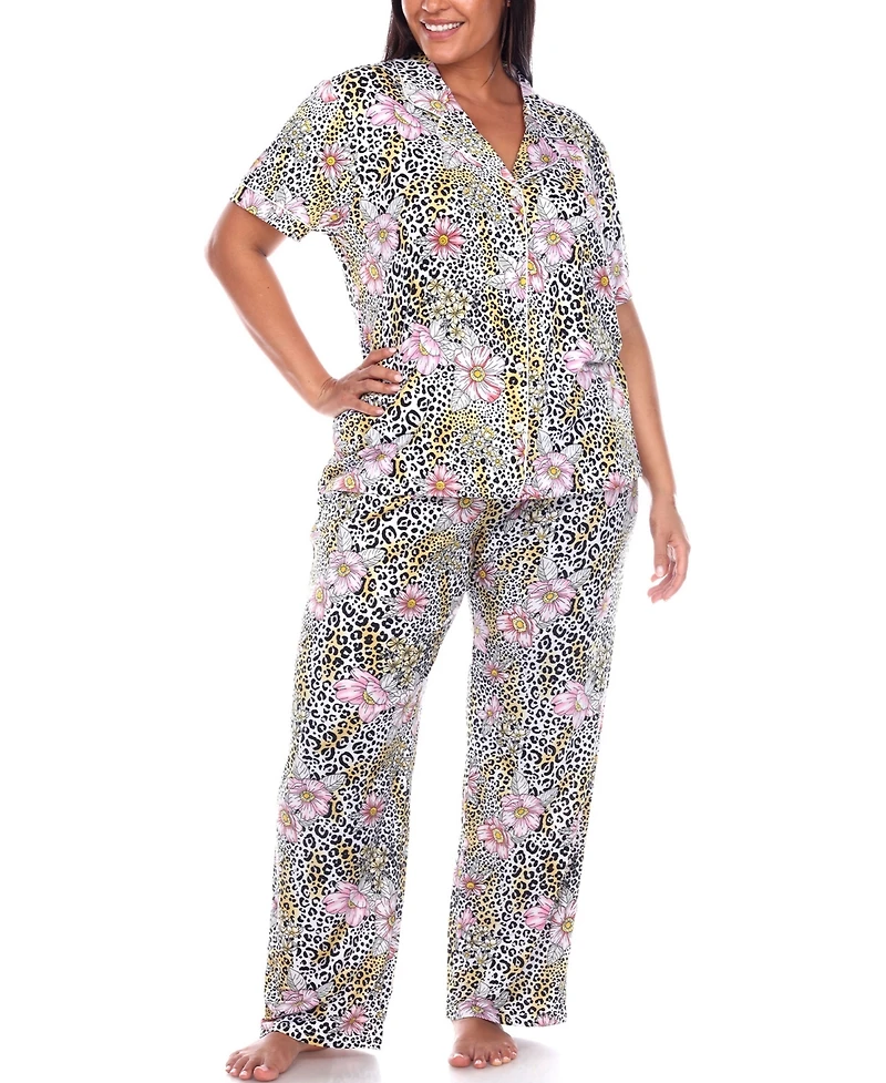 White Mark Plus Short Sleeve Pants Tropical Pajama Set, 2-Piece