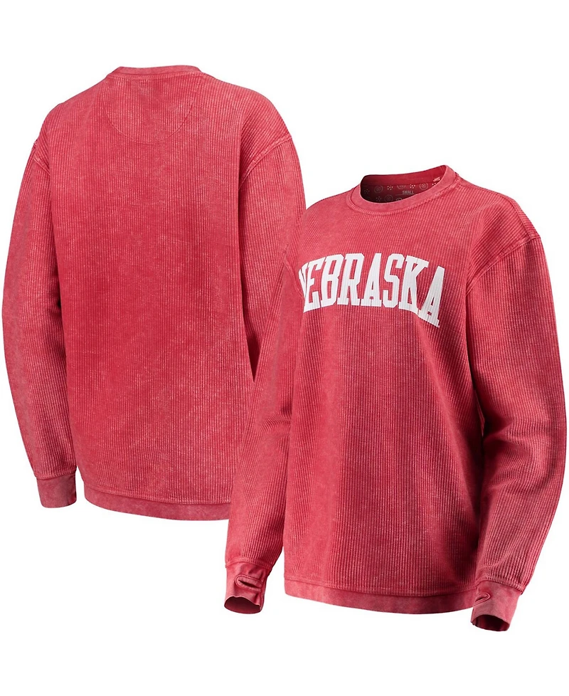 Women's Scarlet Nebraska Huskers Comfy Cord Vintage-Like Wash Basic Arch Pullover Sweatshirt