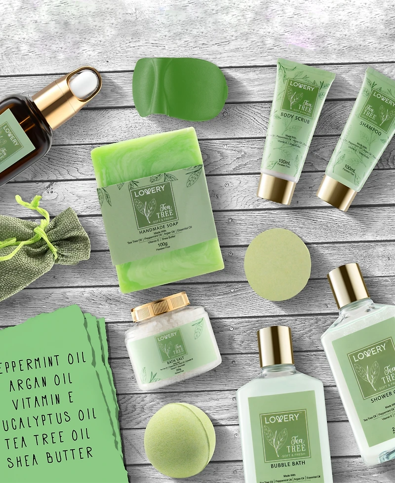 Lovery Tea Tree Home Spa Body Care Gift Set, Natural Bath Gift Basket, 15 Piece