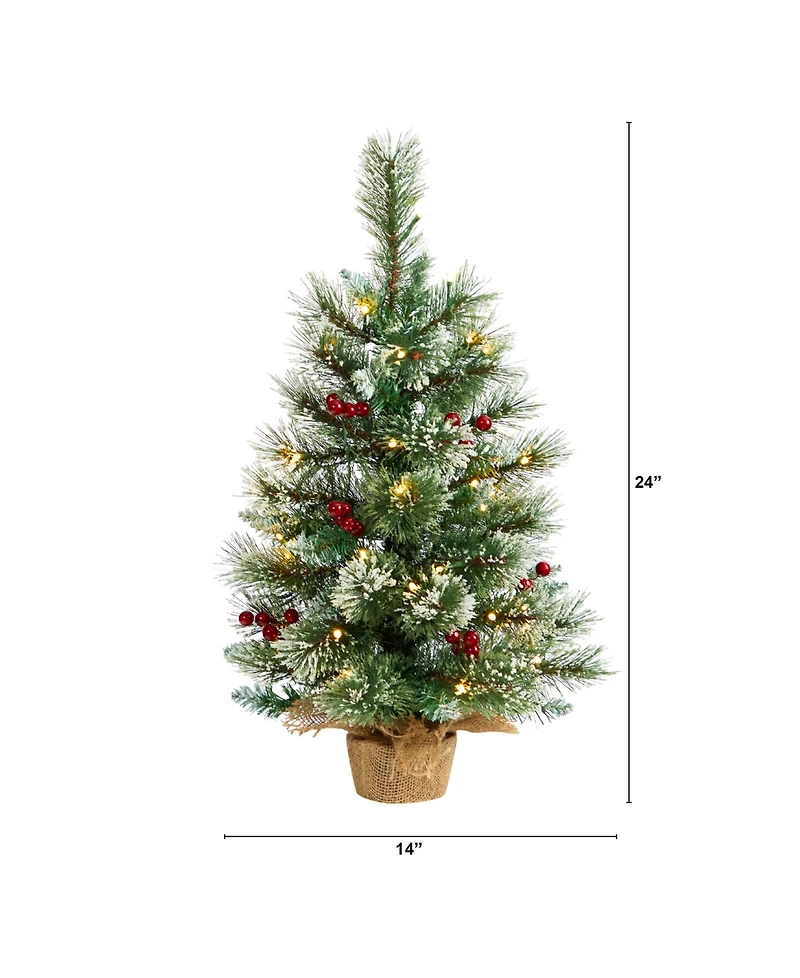 Nearly Natural Snow Tipped Pine and Berry Artificial Christmas Tree with 35 Warm Led Lights in Burlap Base, 2'