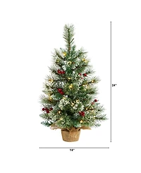 Nearly Natural Snow Tipped Pine and Berry Artificial Christmas Tree with 35 Warm Led Lights in Burlap Base, 2'