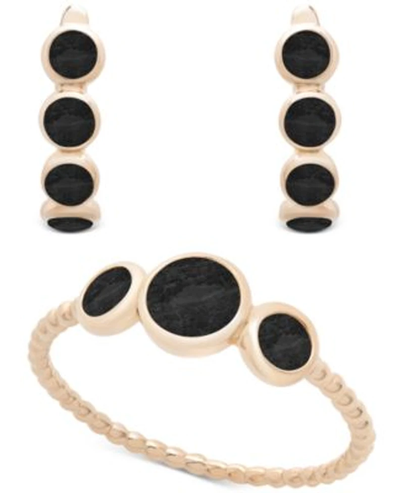 Onyx Or Dyed Green Jade Bezel Ring Earring Collection In 14k Gold Plated Sterling Silver