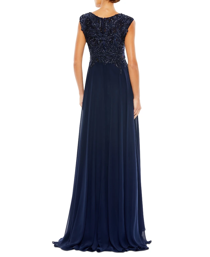 Mac Duggal Women's Appliqued Cap Sleeve Bodice Flowy Gown
