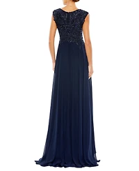 Mac Duggal Women's Appliqued Cap Sleeve Bodice Flowy Gown