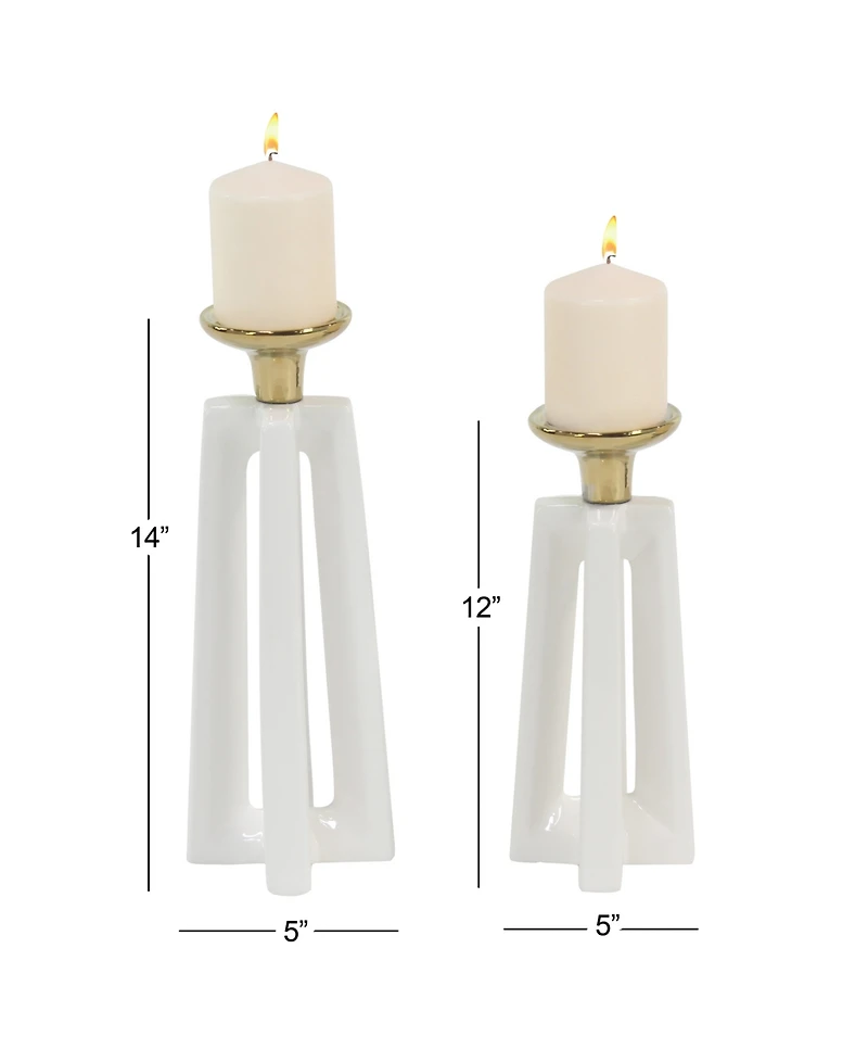 CosmoLiving by Cosmopolitan Set of 2 White Ceramic Modern Candle Holder, 12", 14"