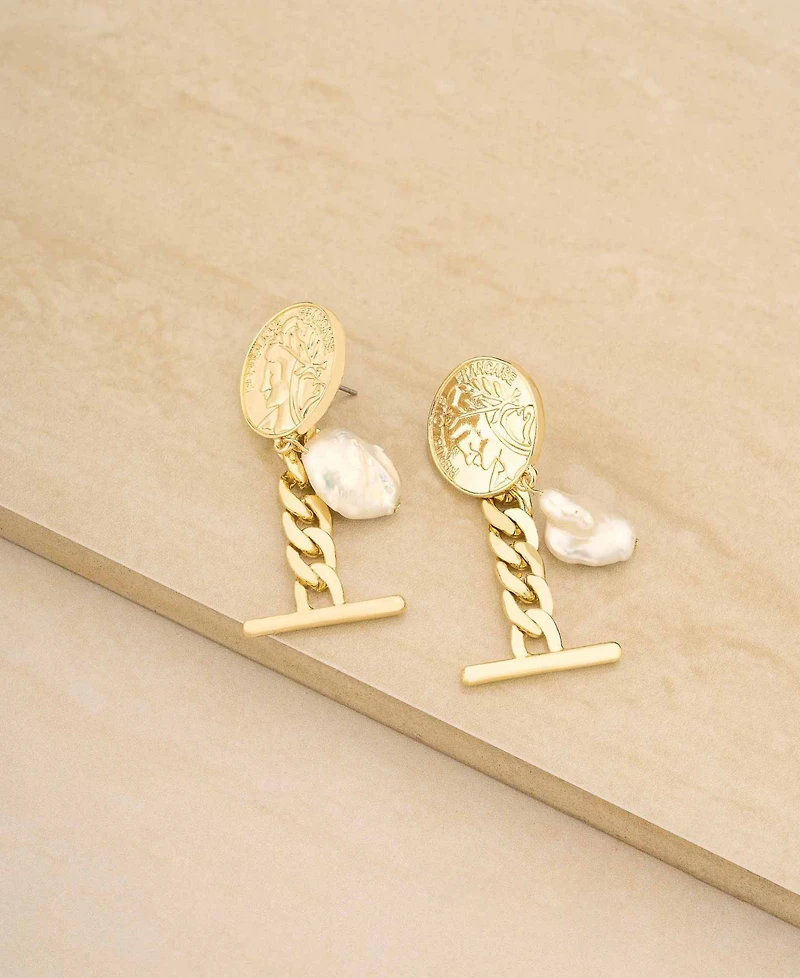 Ettika Gold-Plated Coin Drop Earrings with Freshwater Pearls