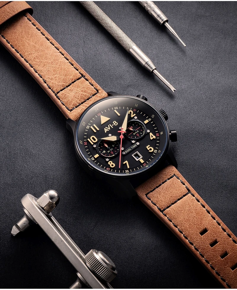 Avi-8 Men's Hawker Hurricane Carey Dual Time Debden Brown Genuine Leather Strap Watch 43mm
