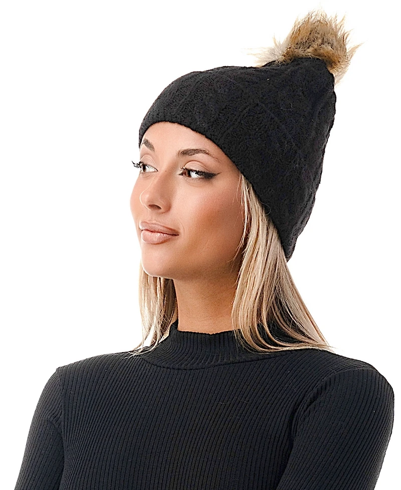 Marcus Adler Women's Cable Knit Faux Fur Pom Beanie