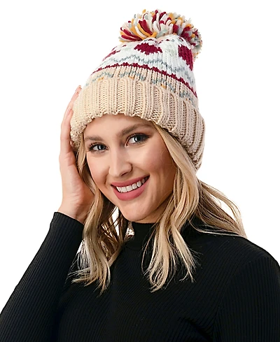 Marcus Adler Women's Fair Isle Heart Knit Pom Beanie