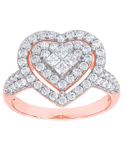 Cubic Zirconia Heart Halo Ring Fine Rose Gold Plate or Silver