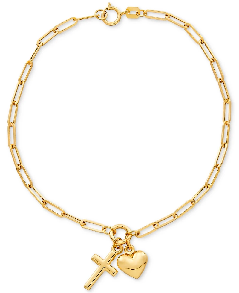 Heart and Cross Charm Bracelet in 10k Gold
