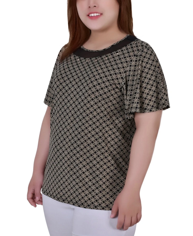 Plus Size Short Sleeve Knit Top with Sheer Inset