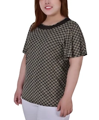 Plus Size Short Sleeve Knit Top with Sheer Inset
