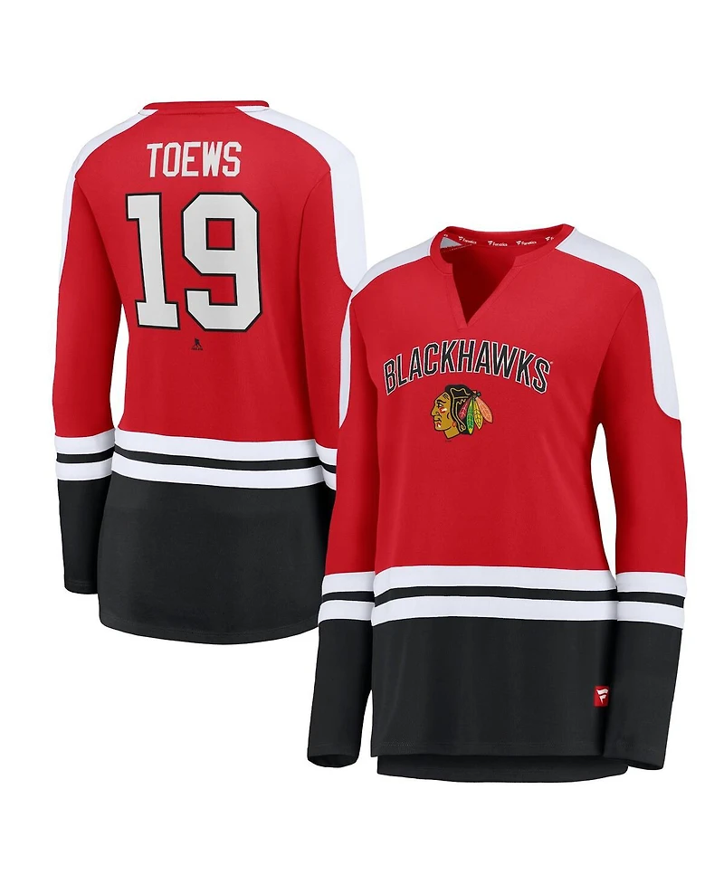 Women's Fanatics Jonathan Toews Red and Black Chicago Blackhawks Power Player Long Sleeve Notch Neck T-shirt