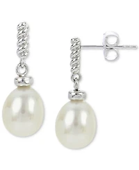 Cultured Freshwater Pearl (7 - 8mm) Twist Drop Earrings in Sterling Silver