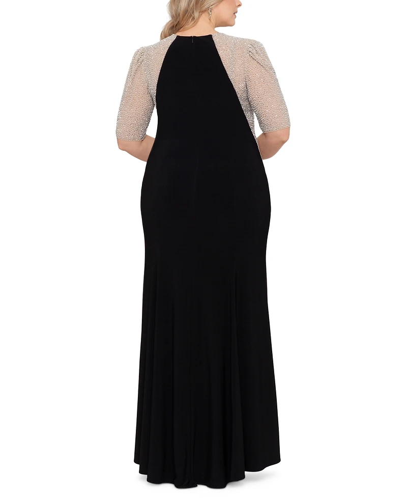Xscape Plus Size Mixed-Media Rhinestone-Embellished Gown